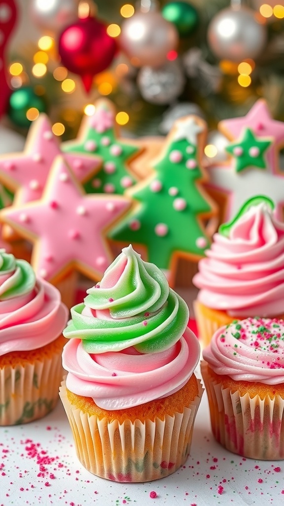 A vibrant assortment of girly Christmas treats including decorated cookies and colorful cupcakes on a festive table.